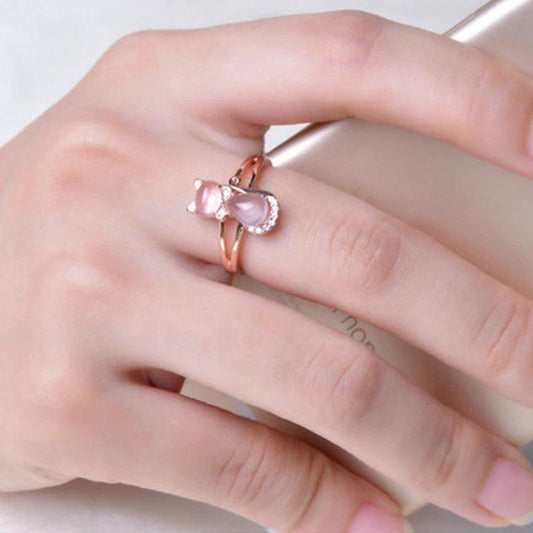 Rose Gold Crystal Cat Ring - Cute Animal Jewelry for Pet Lovers