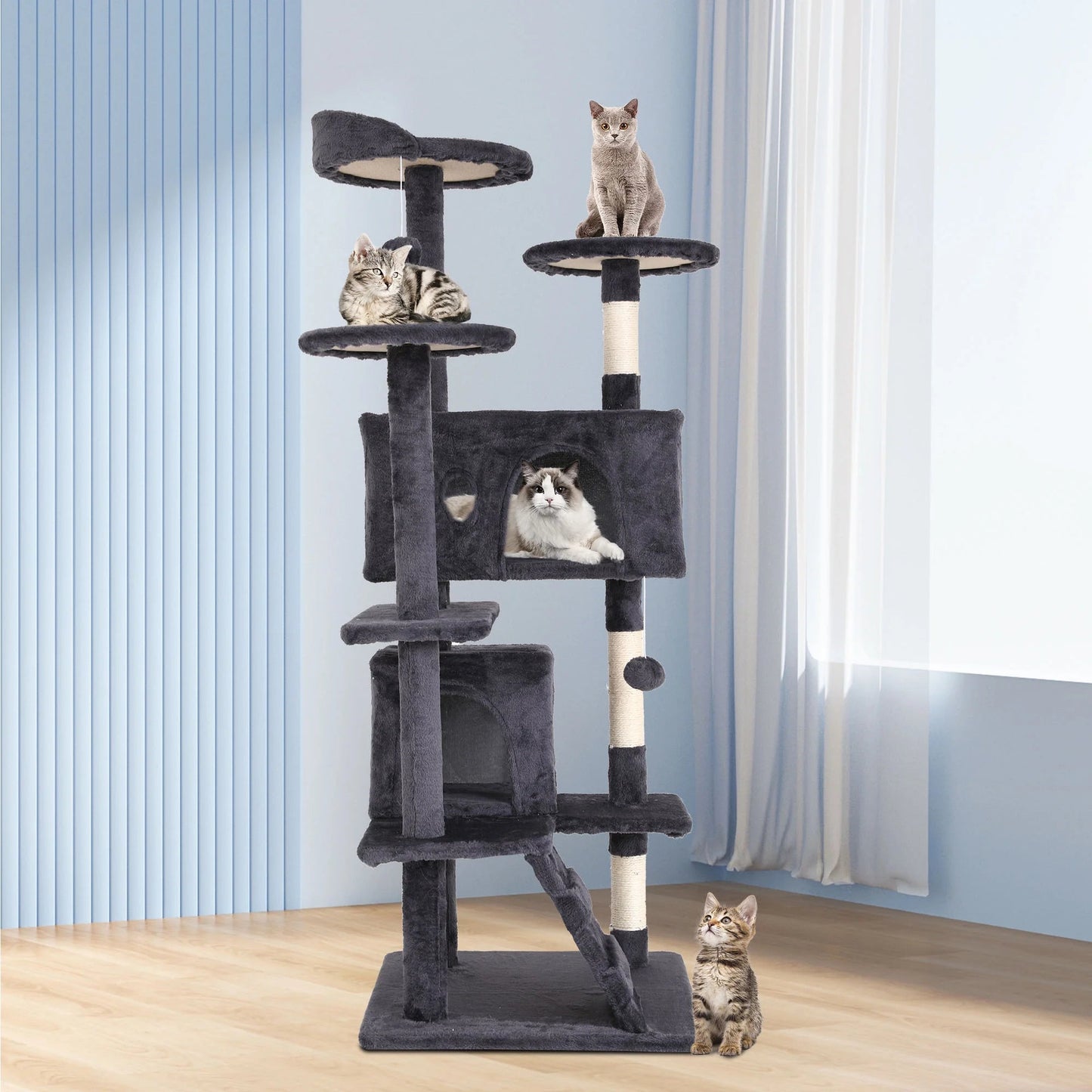 Torre de árbol para gatos de condominio doble de 54 pulgadas con poste rascador y percha acogedora para gatos de interior - Elegante diseño en fresno