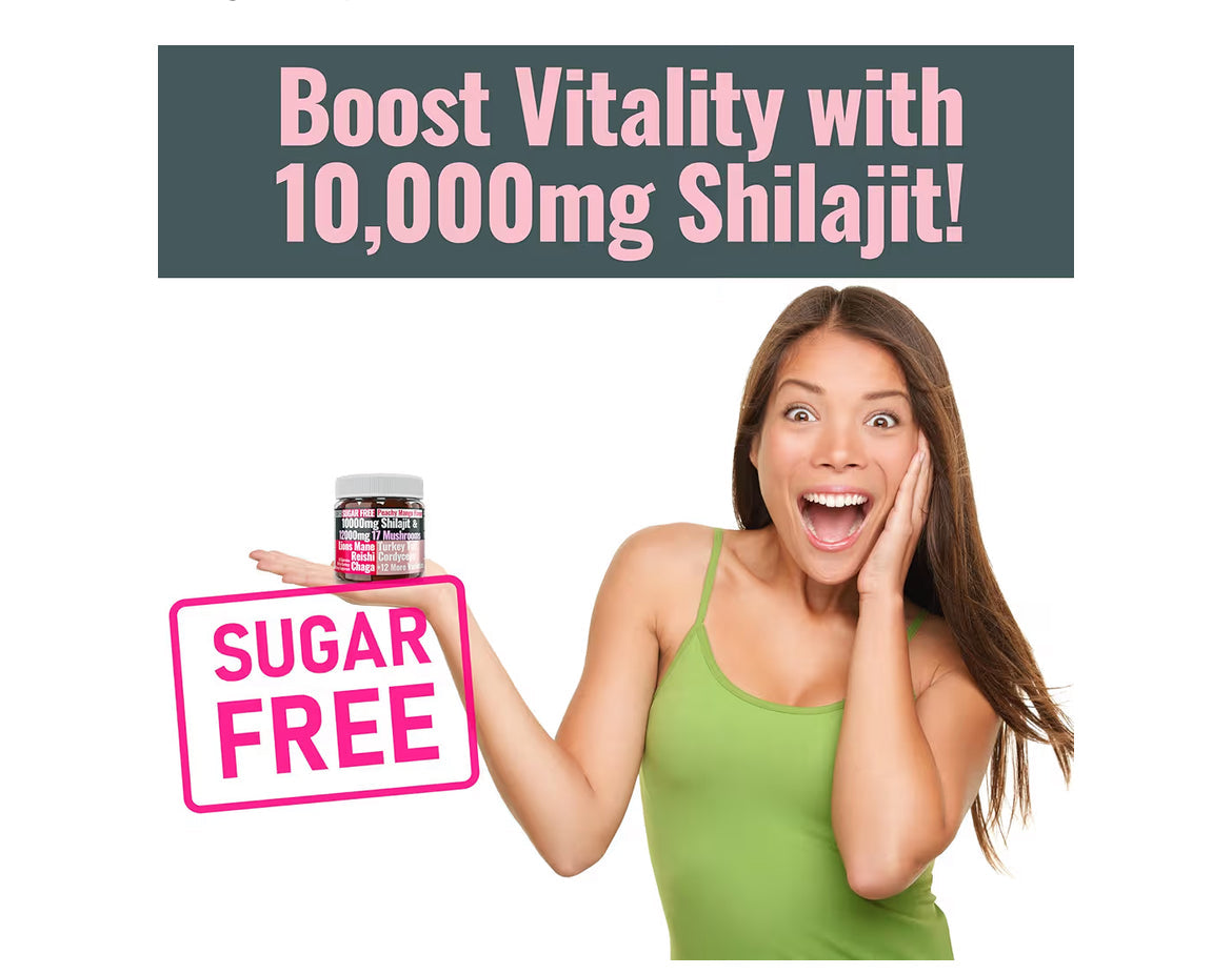 Gummies de Shilajit + Complexe de 17 champignons | 22 000 mg Tout-en-un stimulant d'énergie et d'immunité | Saveur pêche mangue sans sucre