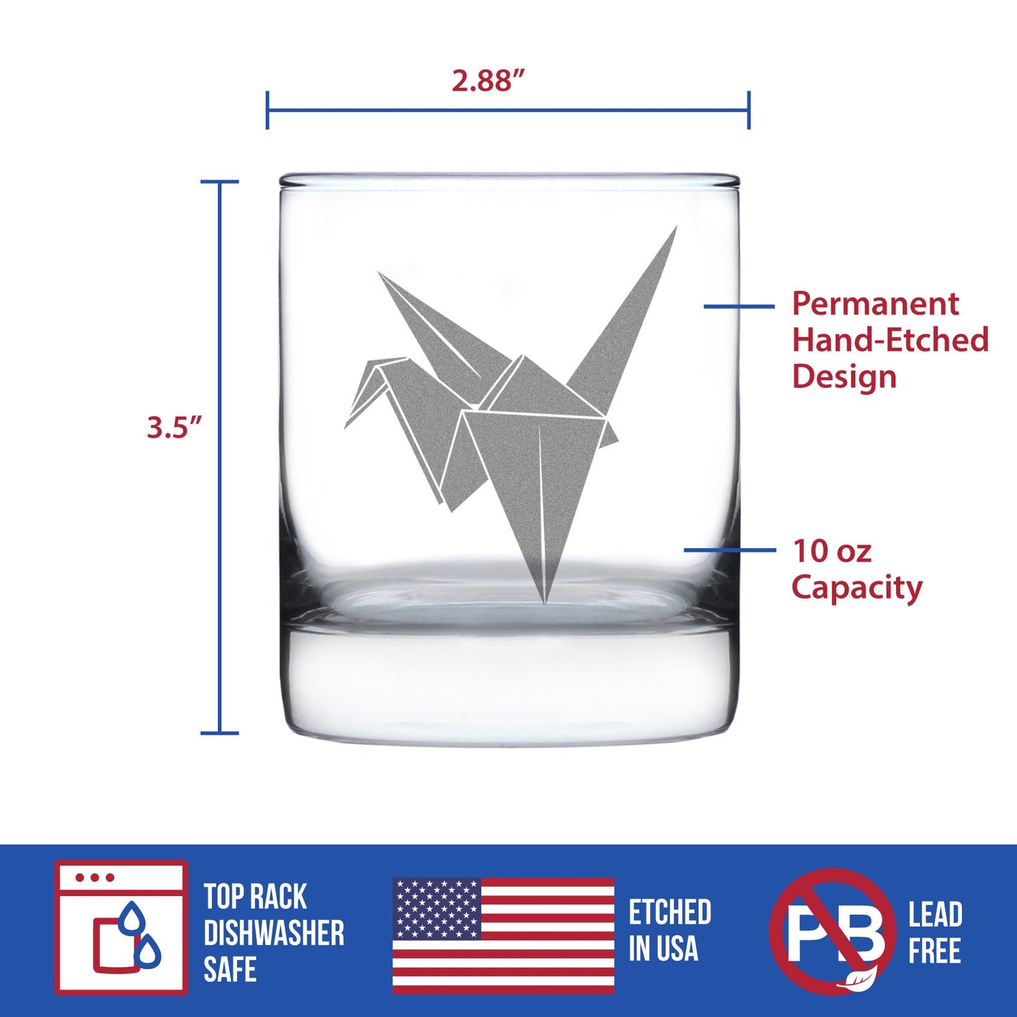 Vaso de whisky grabado con grulla de papel, decoración y regalos japoneses, vasos de whisky pesados - 10.25 oz
