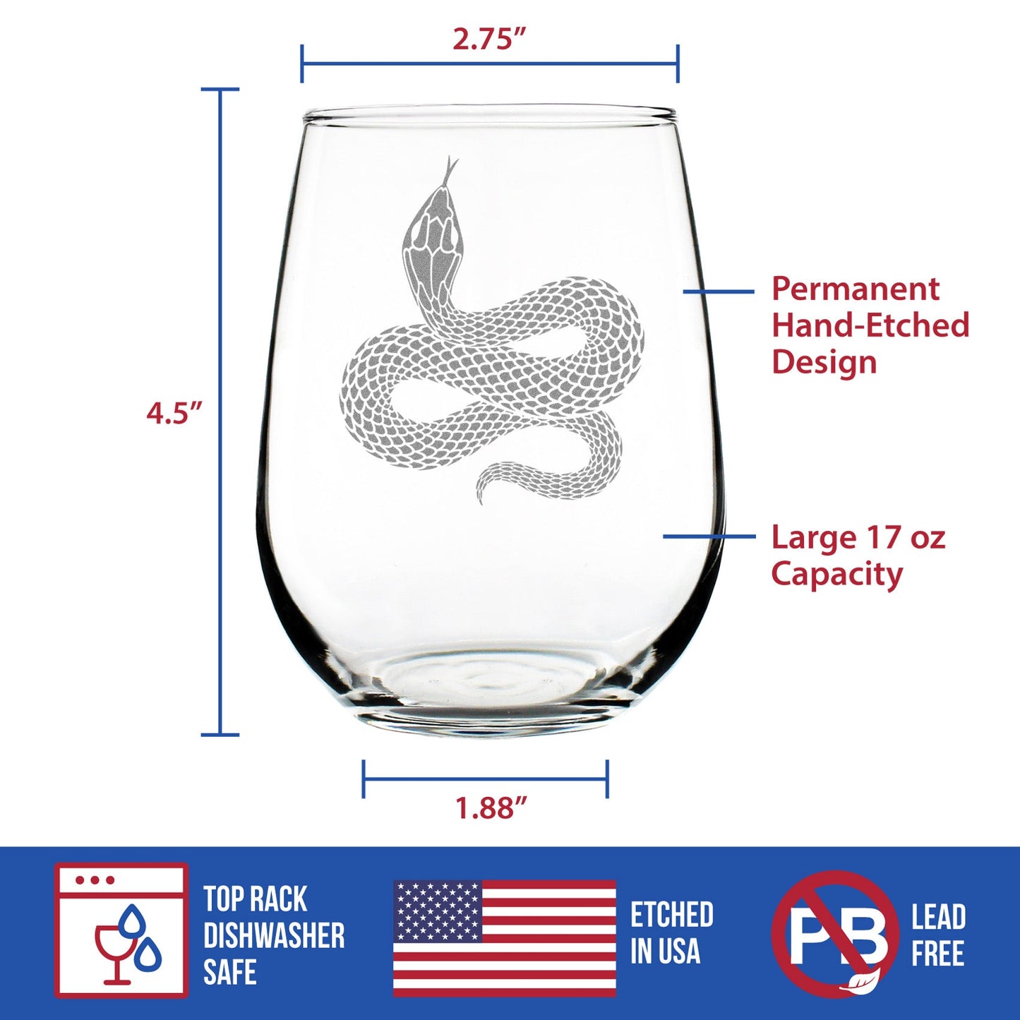 Verre à vin sans pied gravé serpent Décoration et cadeaux reptiles pour les amoureux des serpents Grands verres à vin – 17 oz