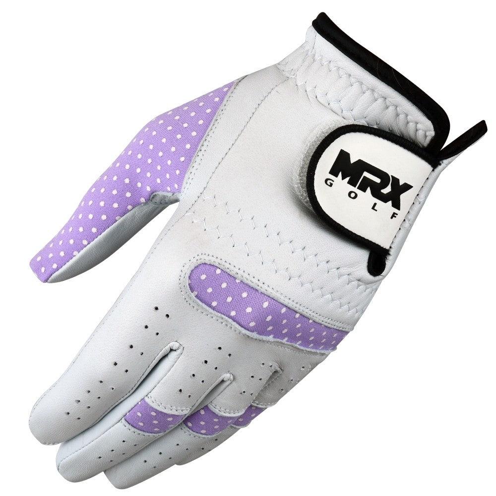 Guantes de golf de piel Cabretta para mujer, color blanco y morado, nuevos