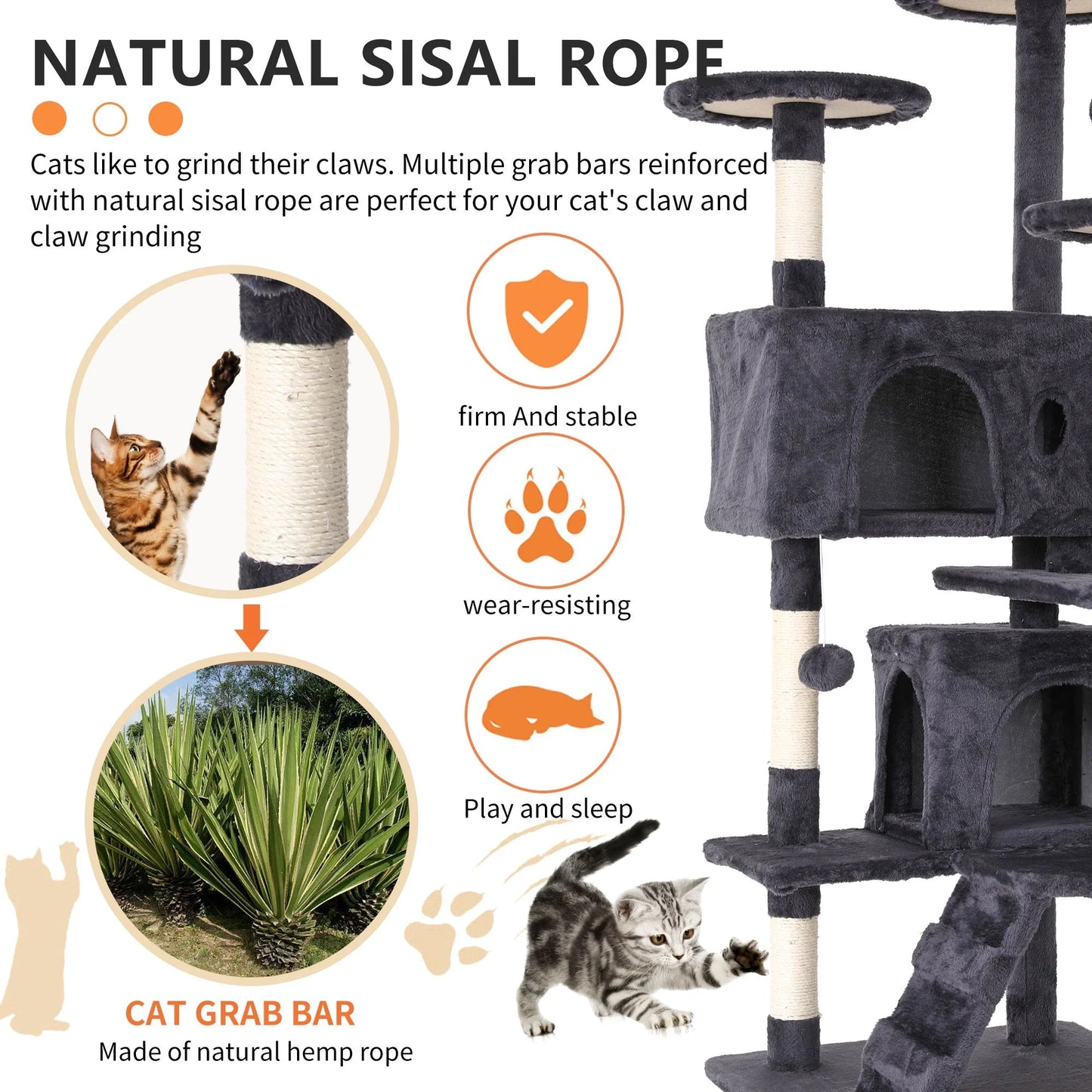 Arbre à chat double condo de 137 cm avec poteau à griffer et perchoir confortable pour chats d'intérieur - Design élégant en bois de frêne