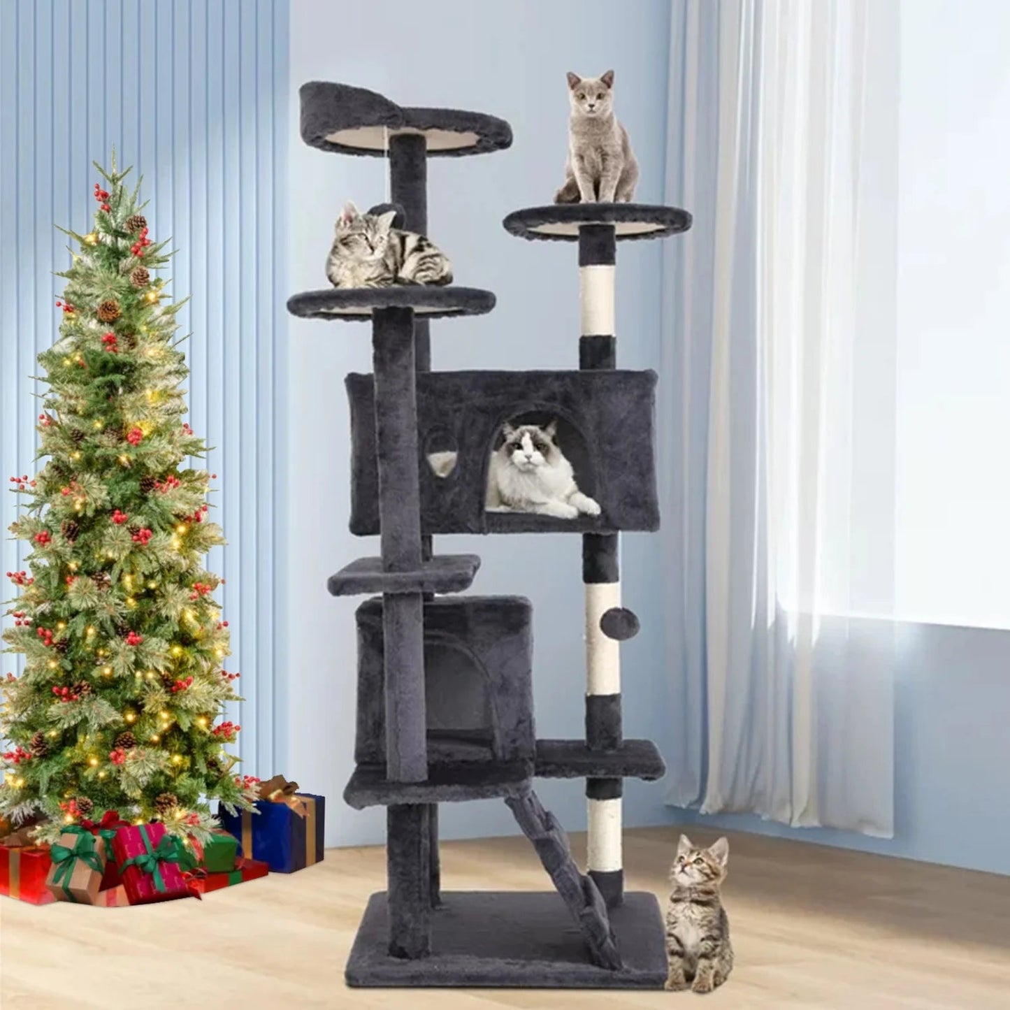 Arbre à chat double condo de 137 cm avec poteau à griffer et perchoir confortable pour chats d'intérieur - Design élégant en bois de frêne