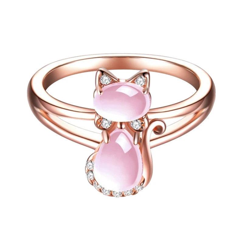 Anillo de Gato de Cristal Oro Rosa - Joyas de Animales Lindas para Amantes de las Mascotas