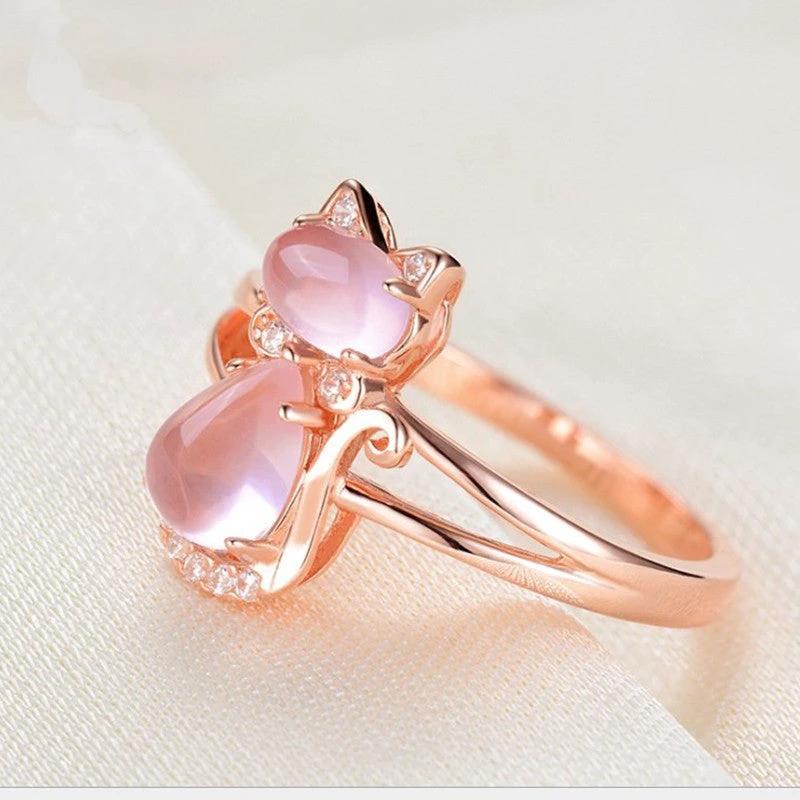 Anillo de Gato de Cristal Oro Rosa - Joyas de Animales Lindas para Amantes de las Mascotas