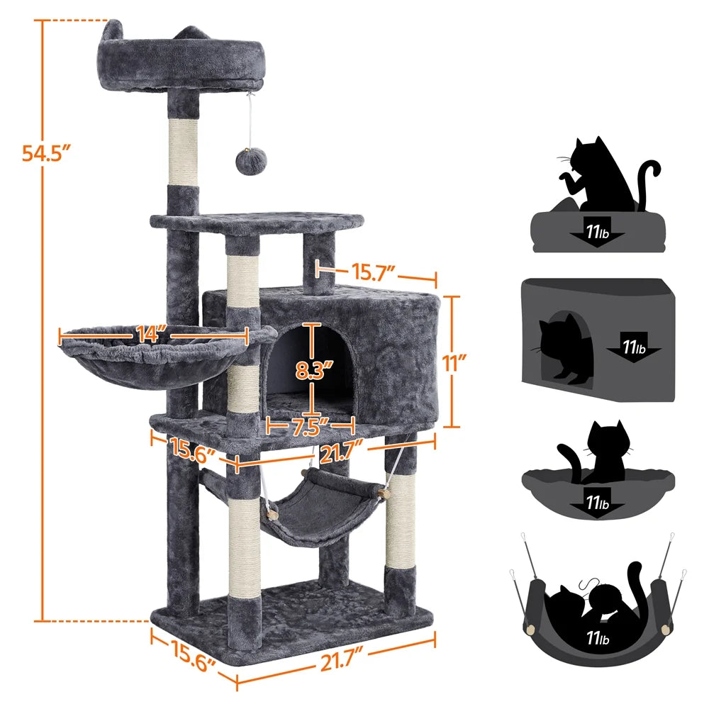 Torre rascador para gatos de 55" gris oscuro - ¡El patio de juegos perfecto para tus amigos felinos!