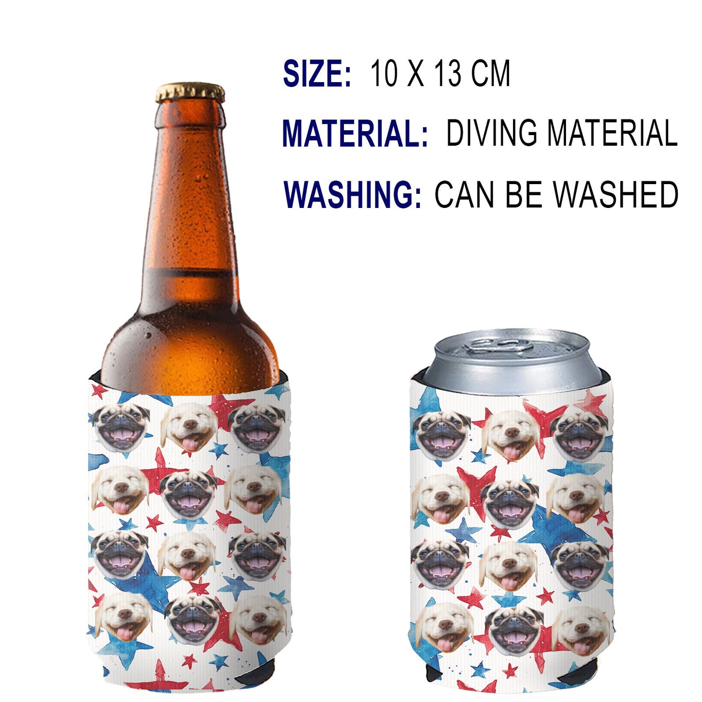 Enfriador de latas personalizado con patas y estrellas patrióticas | Soporte para latas con foto de mascota personalizado | Funda para latas del 4 de julio | Regalo del Día de la Independencia 682393