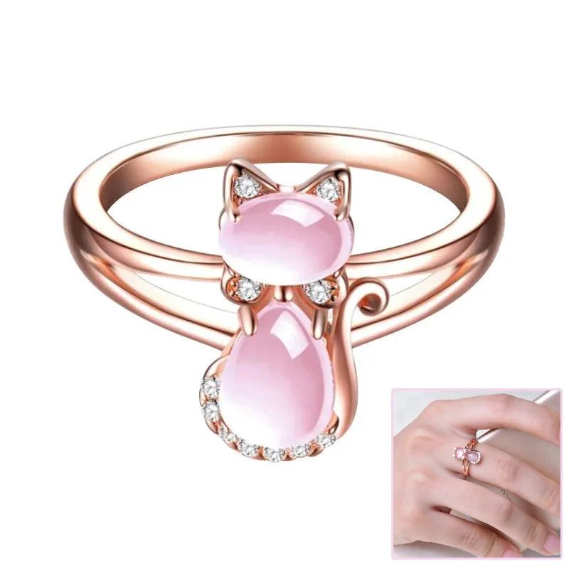 Anillo de Gato de Cristal Oro Rosa - Joyas de Animales Lindas para Amantes de las Mascotas