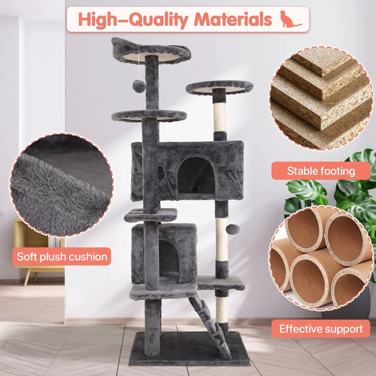 Arbre à chat double condo de 137 cm avec poteau à griffer et perchoir confortable pour chats d'intérieur - Design élégant en bois de frêne