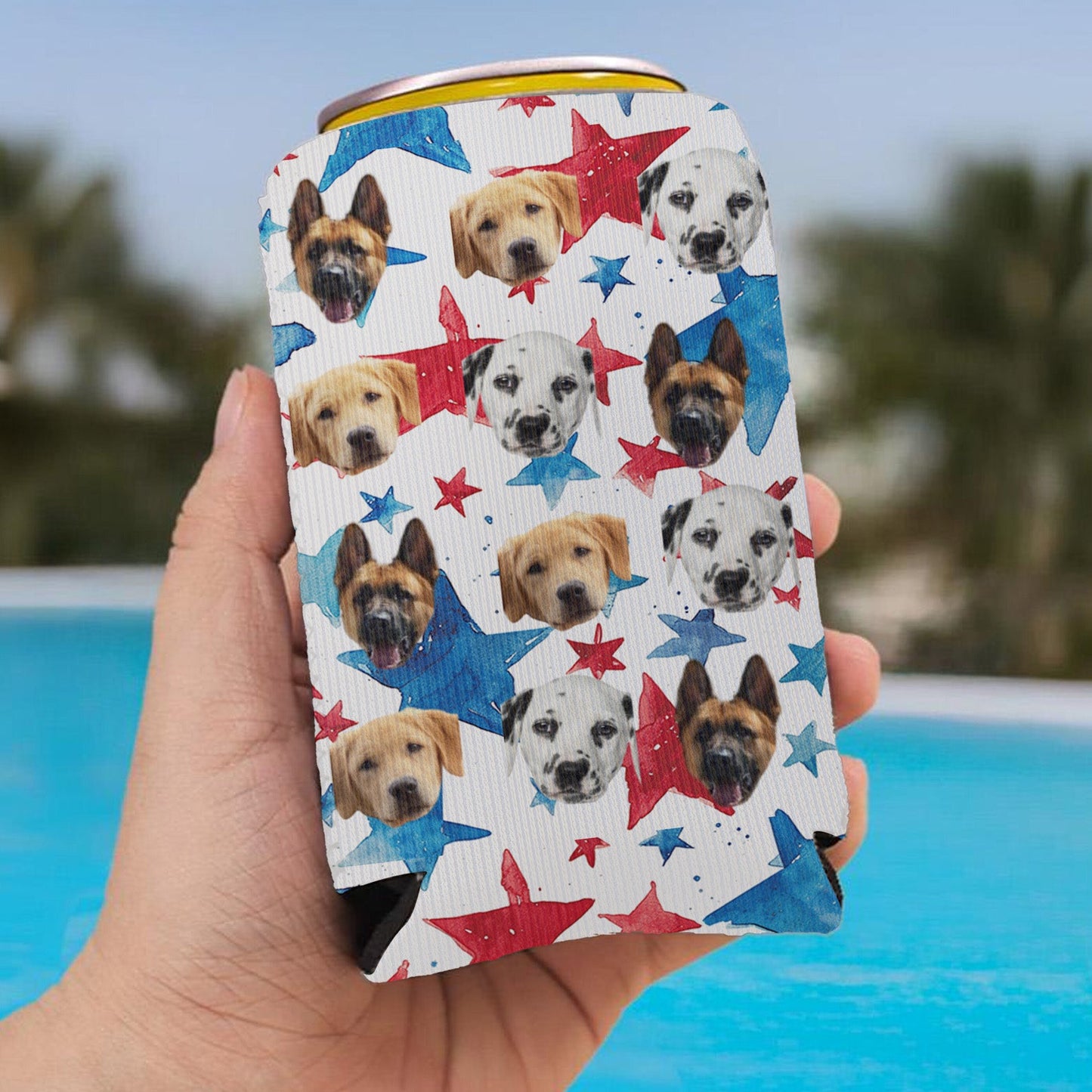 Enfriador de latas personalizado con patas y estrellas patrióticas | Soporte para latas con foto de mascota personalizado | Funda para latas del 4 de julio | Regalo del Día de la Independencia 682393