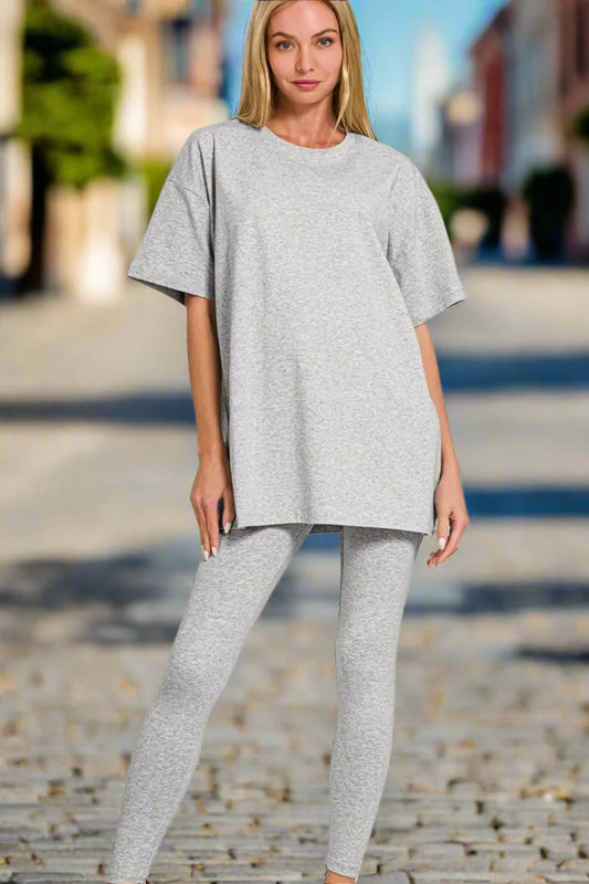 Conjunto de camiseta de cuello redondo y leggings de algodón Zenana