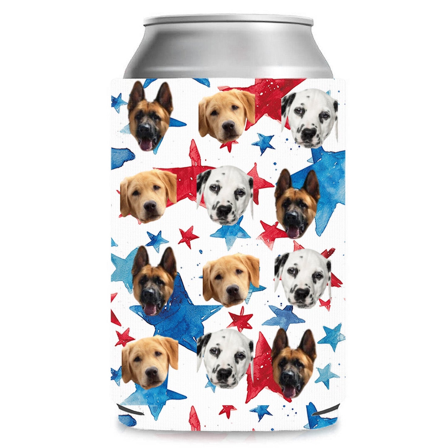 Enfriador de latas personalizado con patas y estrellas patrióticas | Soporte para latas con foto de mascota personalizado | Funda para latas del 4 de julio | Regalo del Día de la Independencia 682393