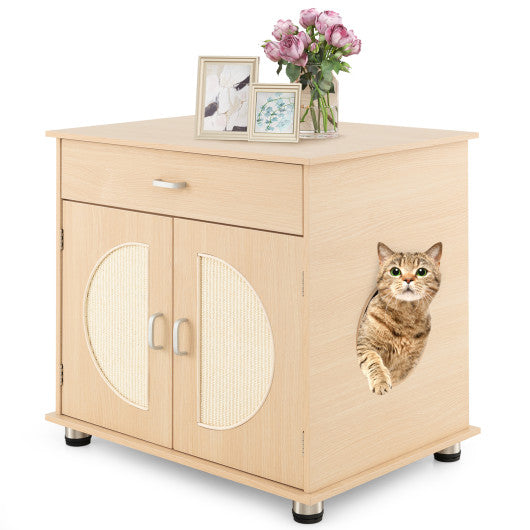 Arenero para gatos con puertas rascadoras de sisal y almacenamiento - Natural