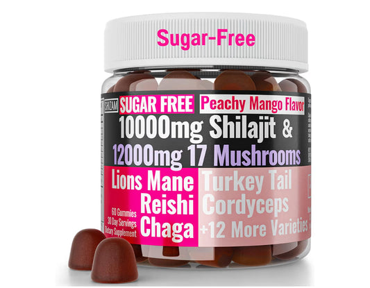 Gummies de Shilajit + Complexe de 17 champignons | 22 000 mg Tout-en-un stimulant d'énergie et d'immunité | Saveur pêche mangue sans sucre