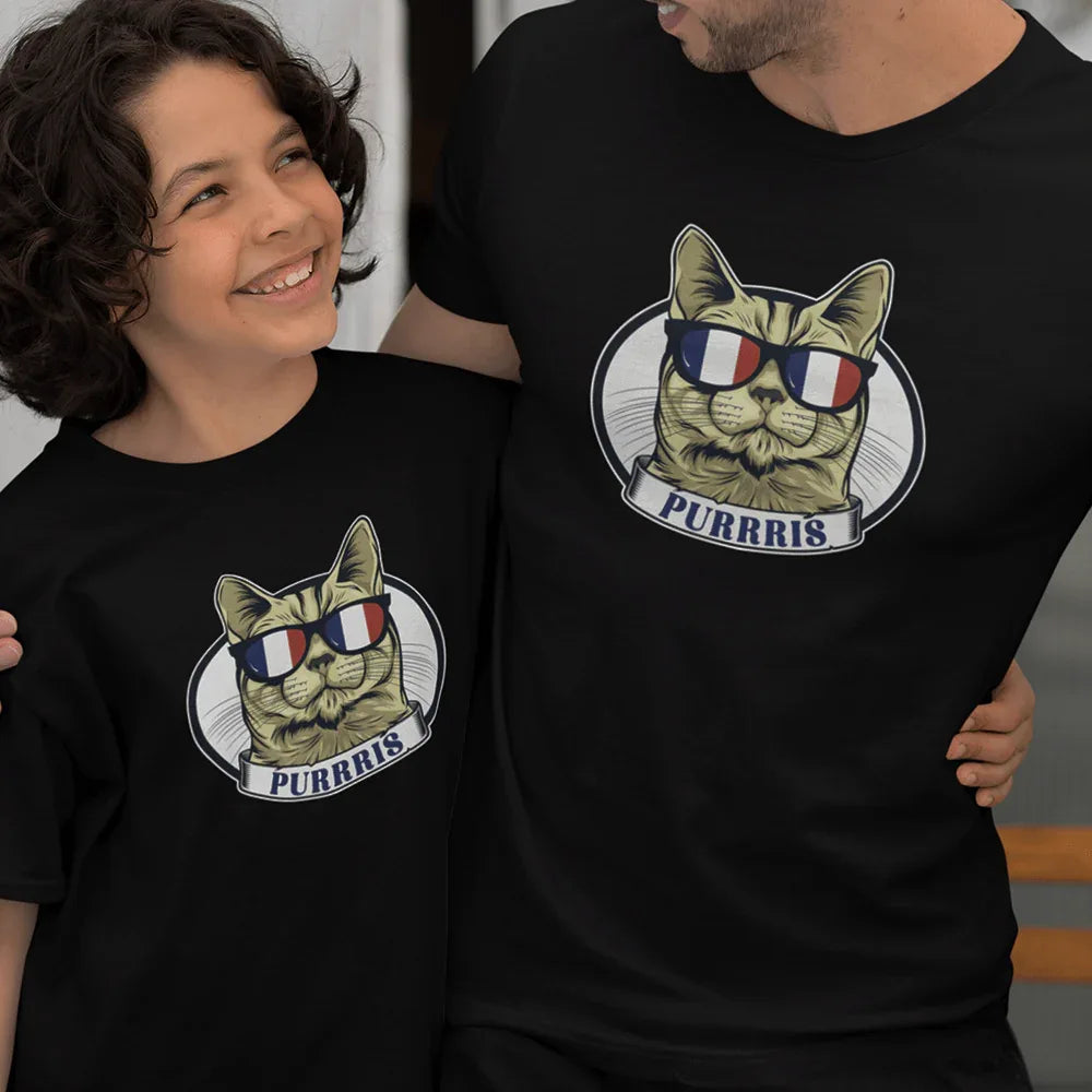 Camisetas de Algodón Orgánico "Purrris French Cat Dad and Child" para Papá e Hijo (Conjunto de 2)