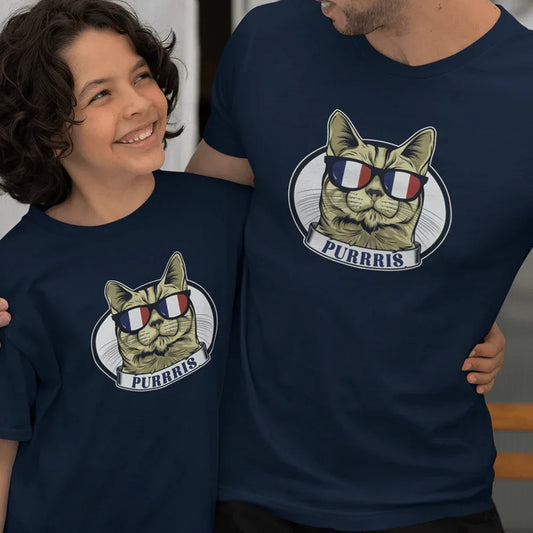 Ensemble familial de t-shirts en coton biologique Purrris Papa Chat français et Enfant (Lot de 2)