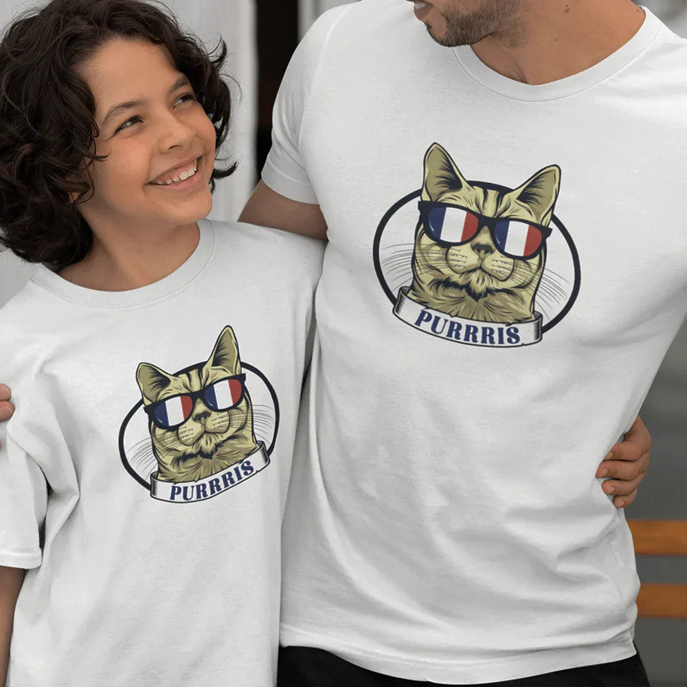 Camisetas de Algodón Orgánico "Purrris French Cat Dad and Child" para Papá e Hijo (Conjunto de 2)
