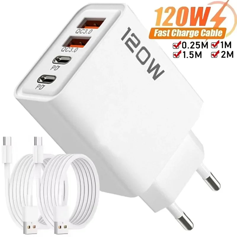120W 4 Ports USB Charger Fast Charge Phone Charger Adapter 10A Type C Cable For iPhone Samsung Xiaomi EU/US/UK Plug Wall Charger