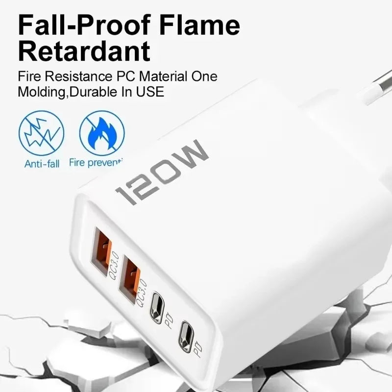 120W 4 Ports USB Charger Fast Charge Phone Charger Adapter 10A Type C Cable For iPhone Samsung Xiaomi EU/US/UK Plug Wall Charger