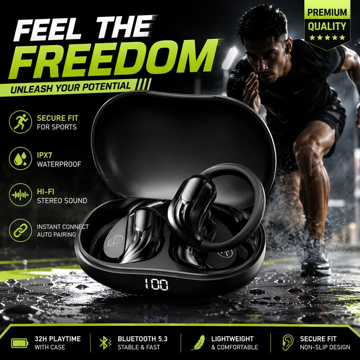 Wireless Bluetooth 5.3 Earbuds LED Display Sports Earhook Headphones Deep Bass HiFi Stereo Noise Cancelling Runing Earphones