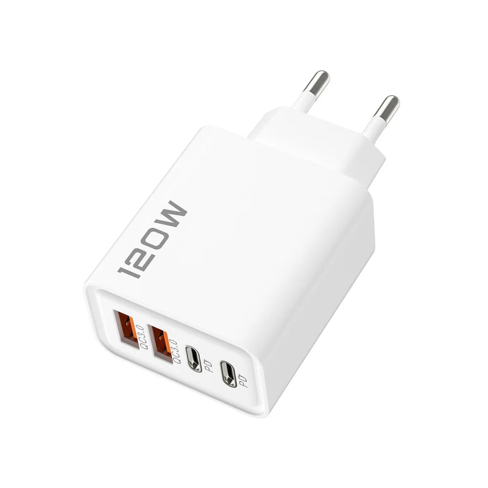 120W 4 Ports USB Charger Fast Charge Phone Charger Adapter 10A Type C Cable For iPhone Samsung Xiaomi EU/US/UK Plug Wall Charger