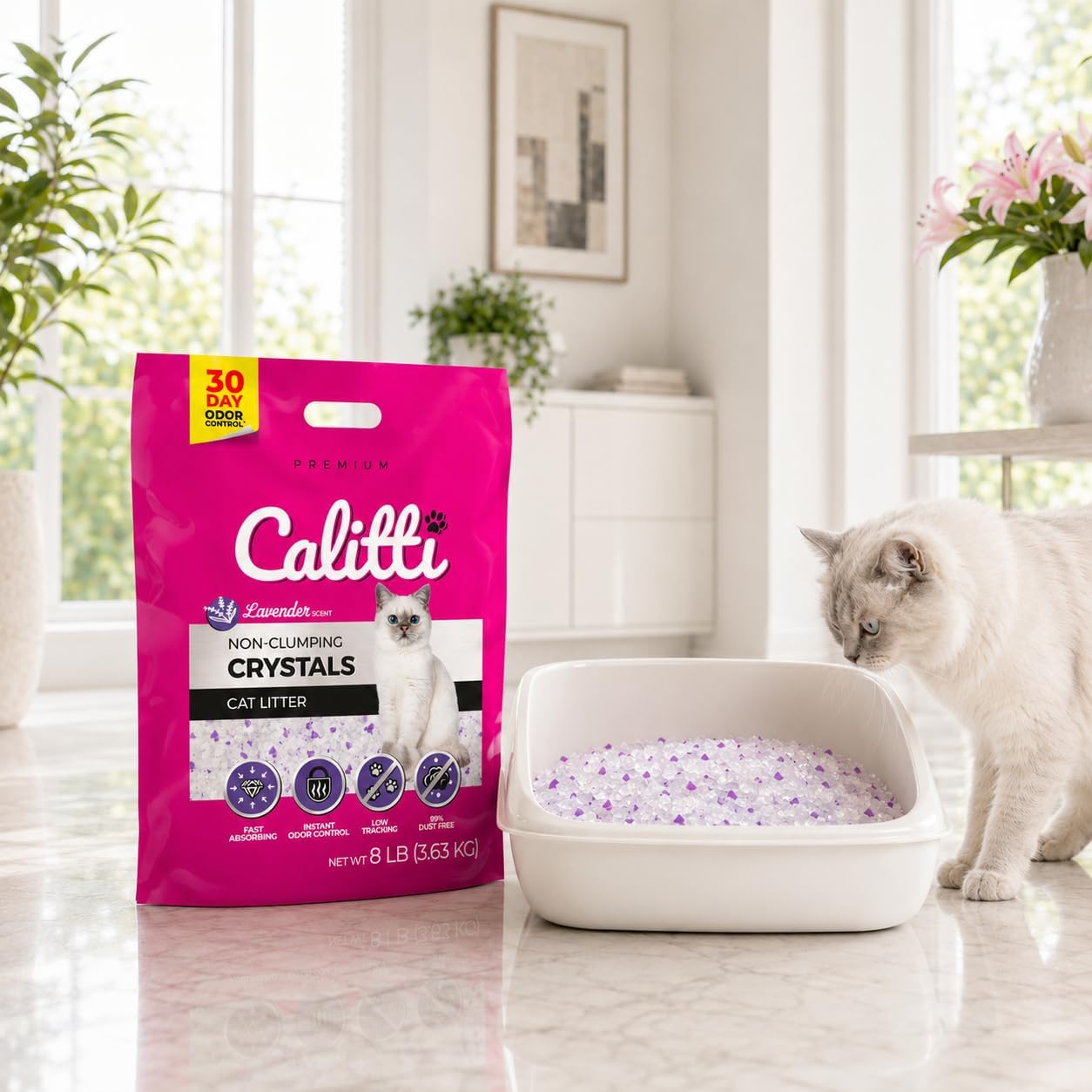 Litière pour chat Calitti sans agglomération avec cristaux de gel de silice, 3,6 kg