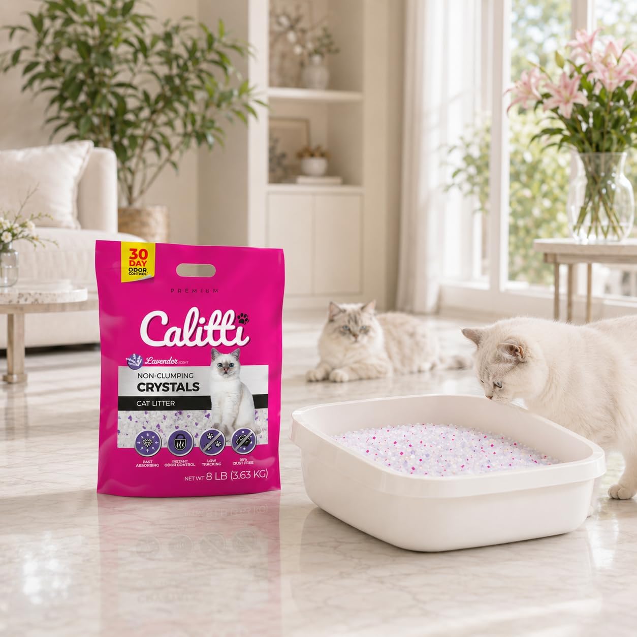 Litière pour chat Calitti sans agglomération avec cristaux de gel de silice, 3,6 kg