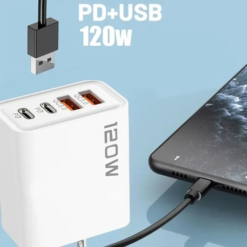 120W 4 Ports USB Charger Fast Charge Phone Charger Adapter 10A Type C Cable For iPhone Samsung Xiaomi EU/US/UK Plug Wall Charger