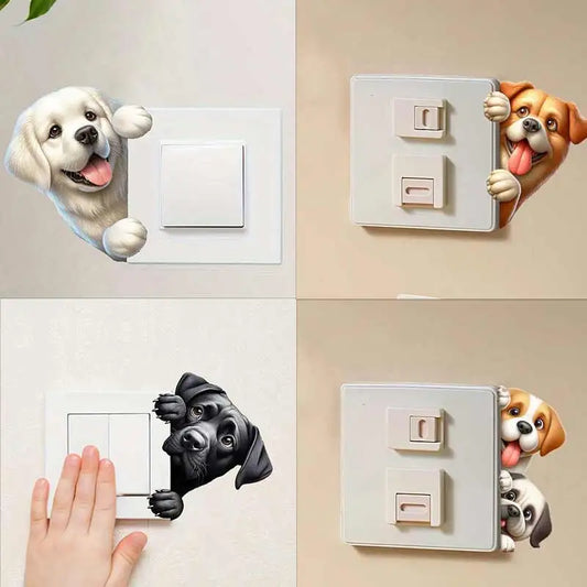 Pegatina de pared de interruptor de luz de perro asomándose por la esquina | Calcomanías de animales de dibujos animados para decoración del hogar DIY