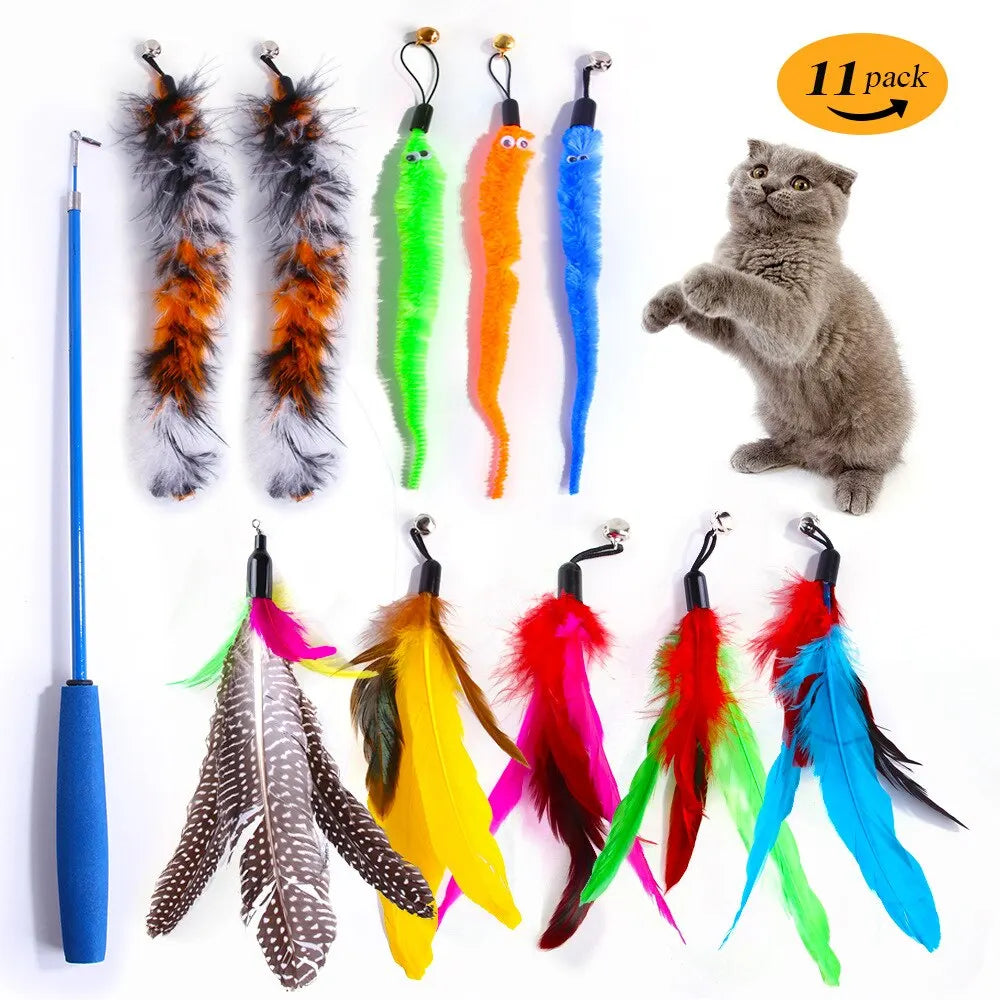 Set de 11 Juguetes Retráctiles con Plumas para Gatos