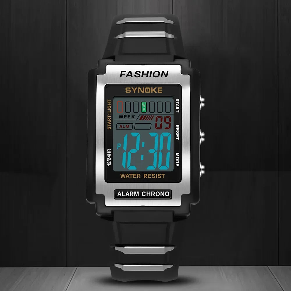 SYNOKE Men Rectangular Sports Electronic Watch | Waterproof 50M with Night Light and Alarm