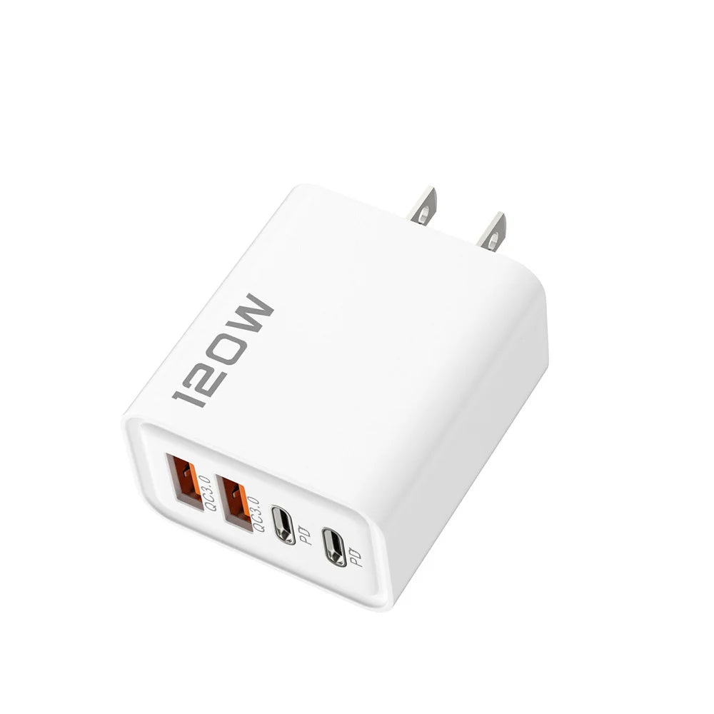 120W 4 Ports USB Charger Fast Charge Phone Charger Adapter 10A Type C Cable For iPhone Samsung Xiaomi EU/US/UK Plug Wall Charger