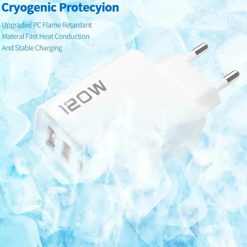 120W 4 Ports USB Charger Fast Charge Phone Charger Adapter 10A Type C Cable For iPhone Samsung Xiaomi EU/US/UK Plug Wall Charger