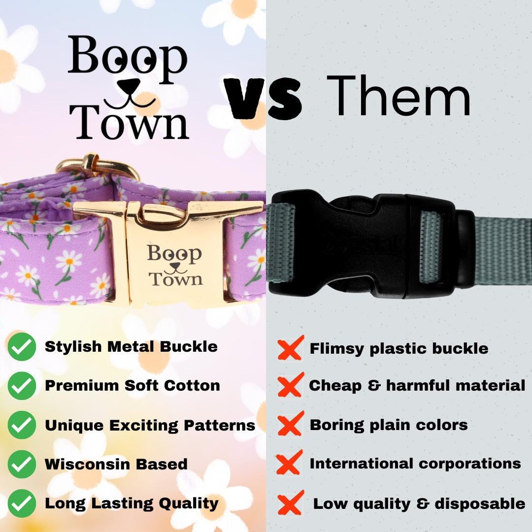 Collier pour chien Boop Town en coton doux – Anti-nœuds et noyau en nylon durable – Boucle à dégagement rapide en métal – Ajustable pour chiens de petite, moyenne et grande taille (XL) – Accents dorés