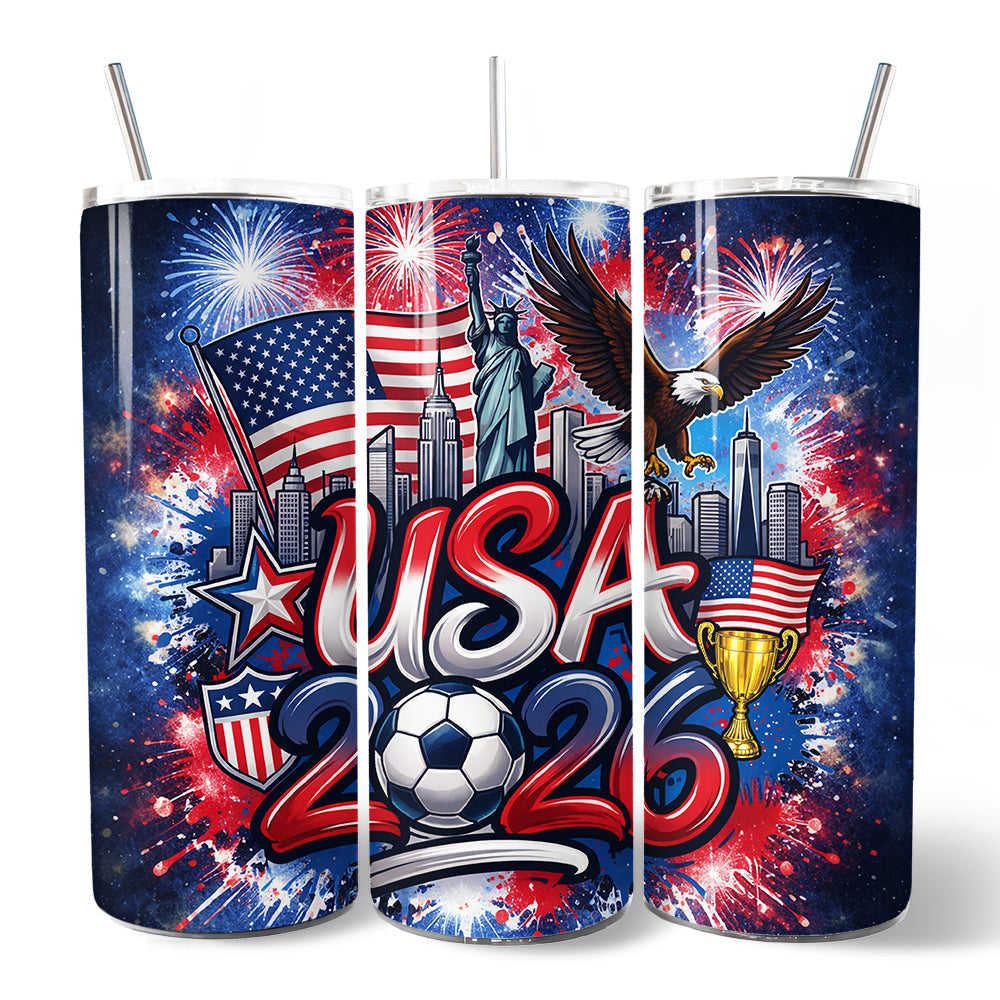 Vaso con tapa y popote de acero inoxidable de 20 oz del Campeonato Mundial de Fútbol 2026 de EE. UU., Taza de regalo para aficionados al fútbol