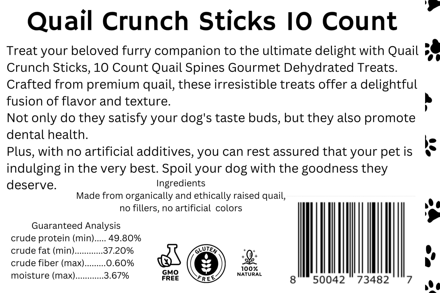 Premios para perros Quail Crunch Sticks, 10 unidades, espinas de codorniz, golosinas gourmet deshidratadas y saludables para entrenamiento de perros, sabores premium que promueven la salud dental, sin aditivos artificiales para mascotas felices.