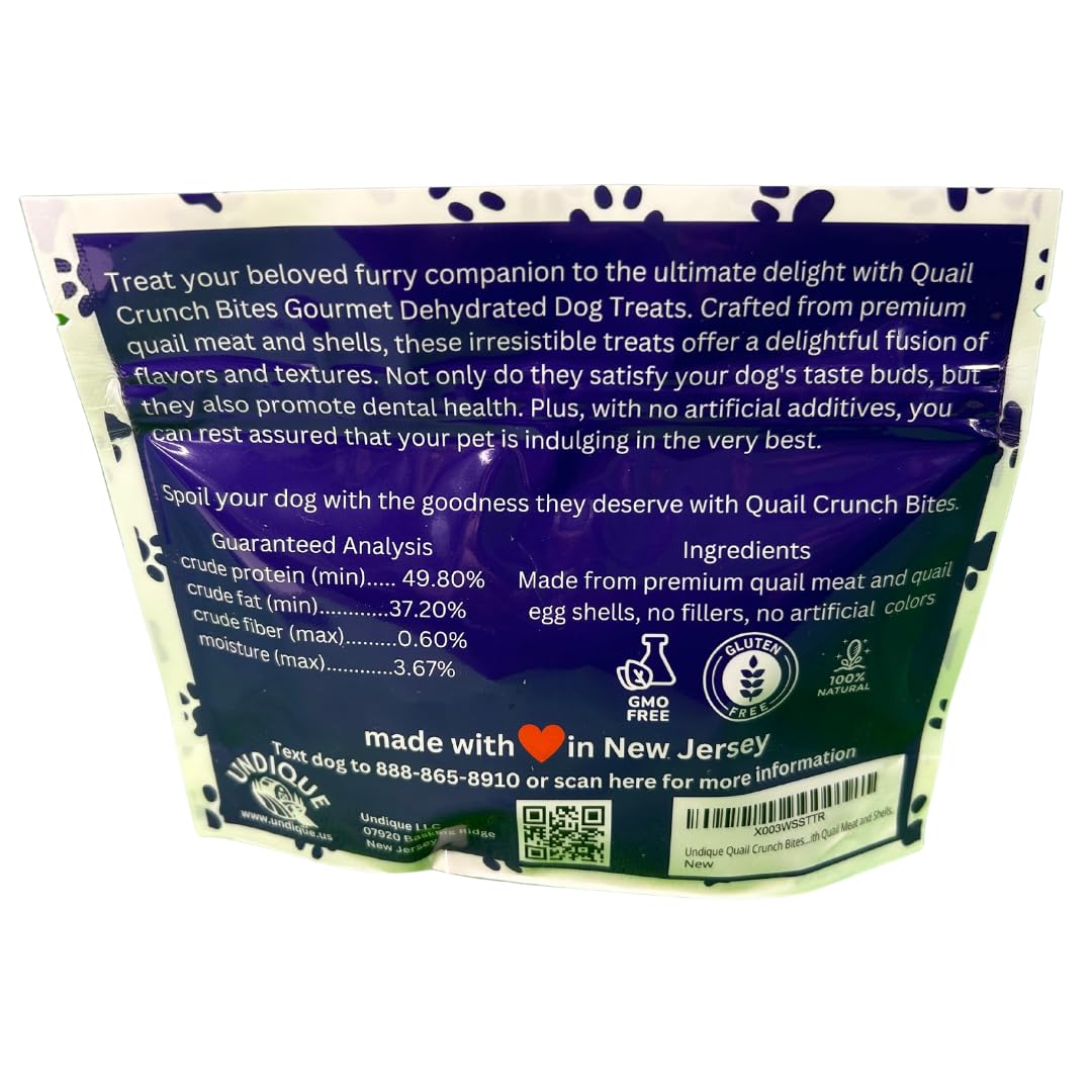 Premios Crujientes de Codorniz: Premios deshidratados gourmet para perros con carne y cáscara de codorniz | Premios saludables premium para el adiestramiento de perros | Ingredientes orgánicos para un paladar feliz