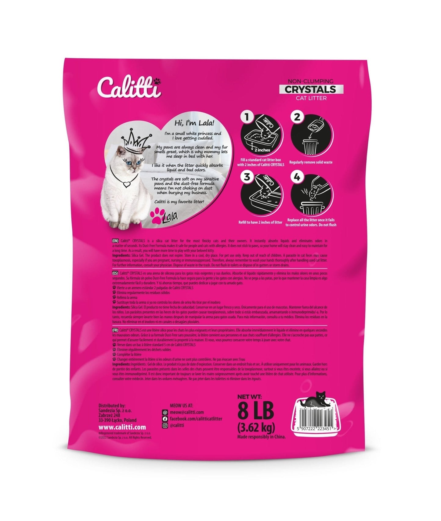 Arena para gatos Calitti de cristales de gel de sílice sin aglomeración, 8 lb