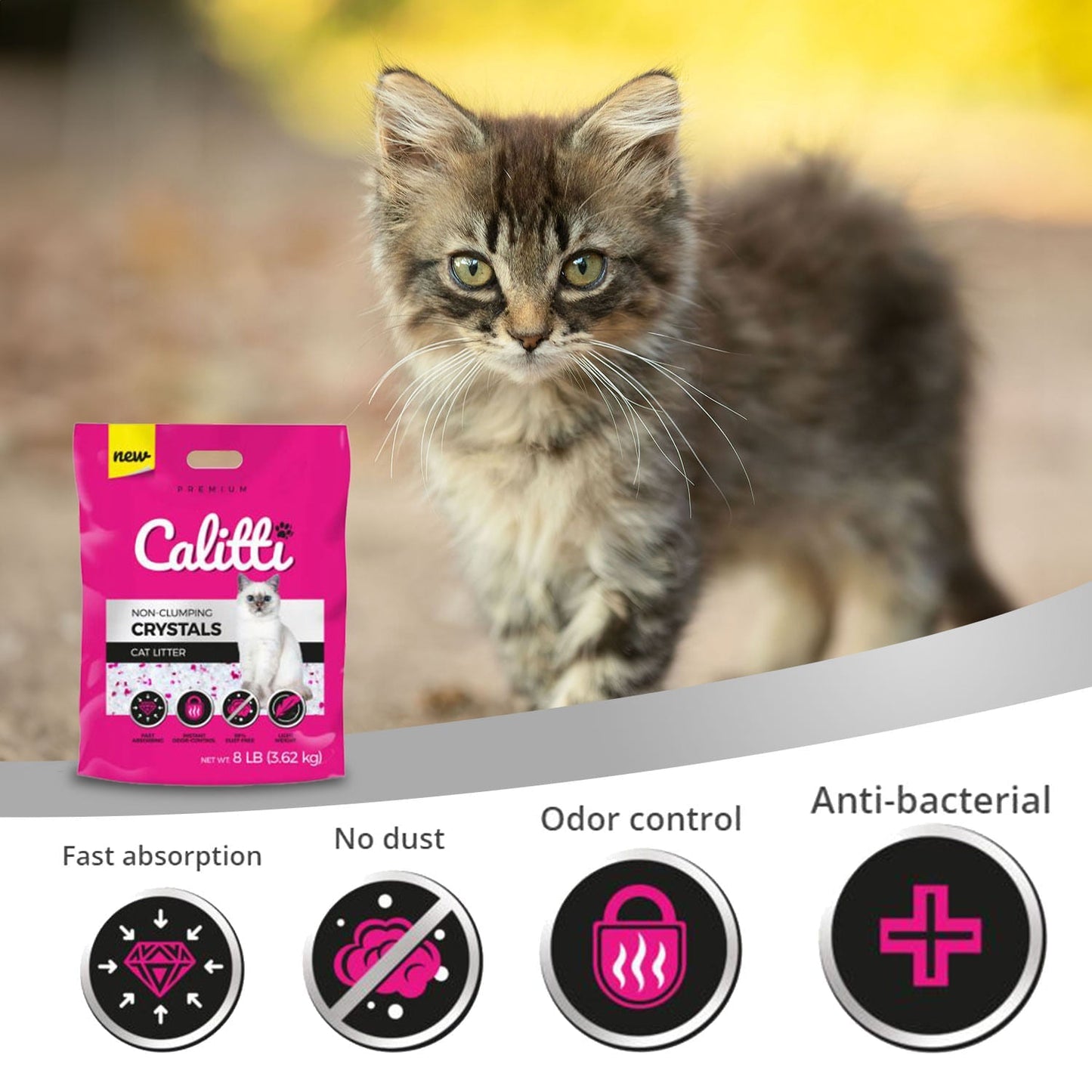 Arena para gatos Calitti de cristales de gel de sílice sin aglomeración, 8 lb