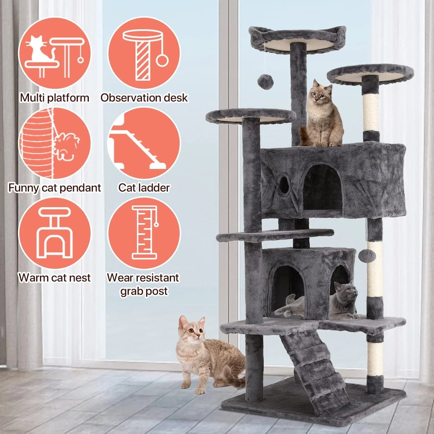 Arbre à chat double condo de 137 cm avec poteau à griffer et perchoir confortable pour chats d'intérieur - Design élégant en bois de frêne