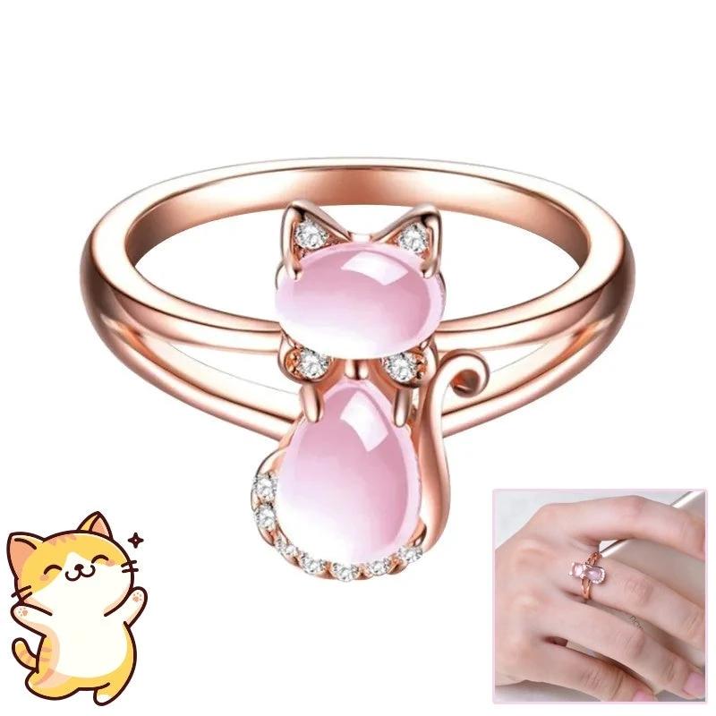 Anillo de Gato de Cristal Oro Rosa - Joyas de Animales Lindas para Amantes de las Mascotas