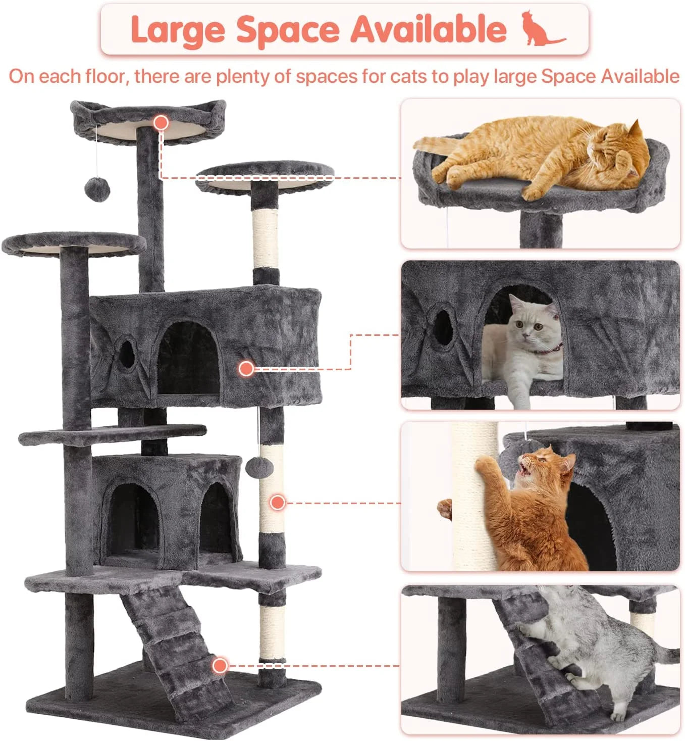 Arbre à chat double condo de 137 cm avec poteau à griffer et perchoir confortable pour chats d'intérieur - Design élégant en bois de frêne