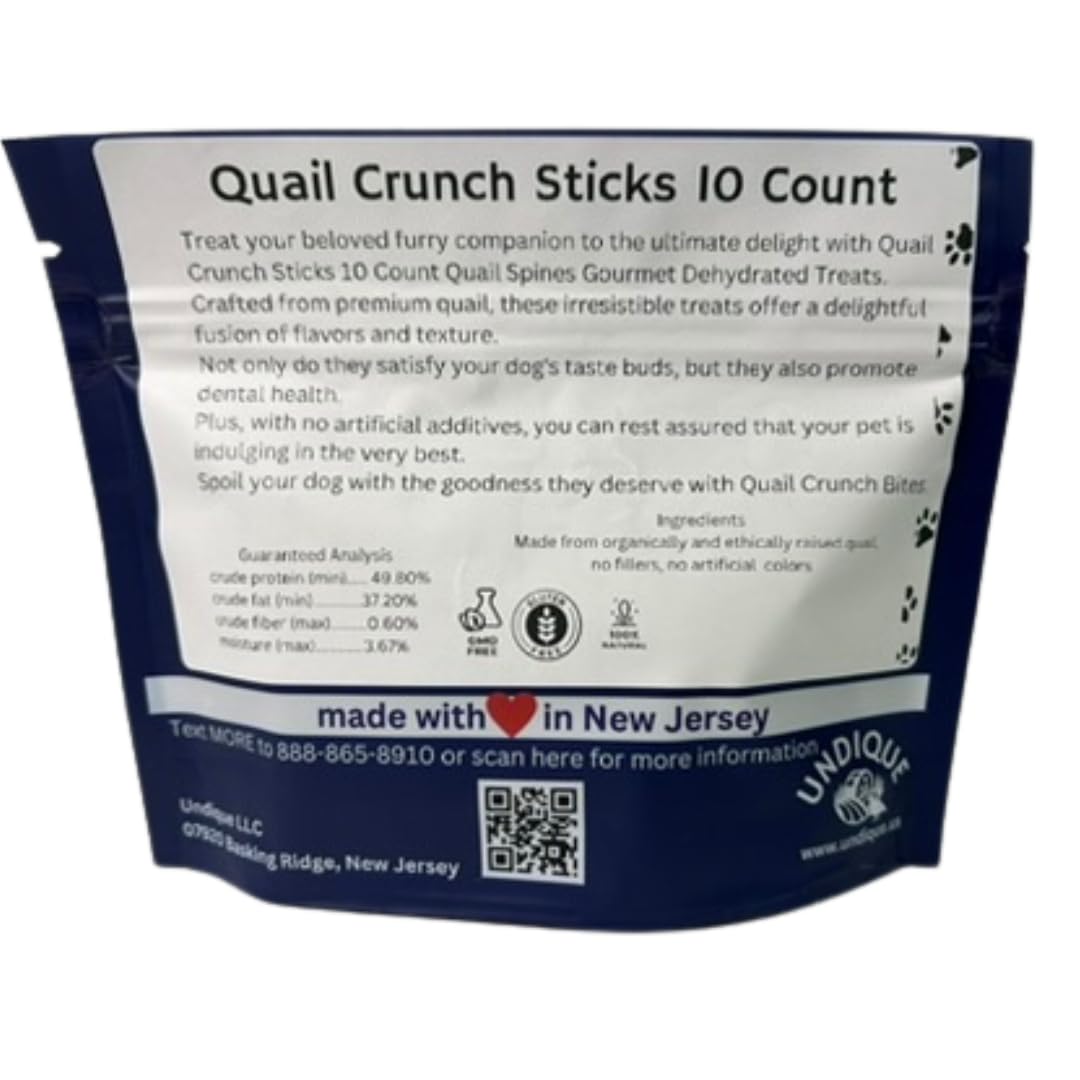 Premios para perros Quail Crunch Sticks, 10 unidades, espinas de codorniz, golosinas gourmet deshidratadas y saludables para entrenamiento de perros, sabores premium que promueven la salud dental, sin aditivos artificiales para mascotas felices.