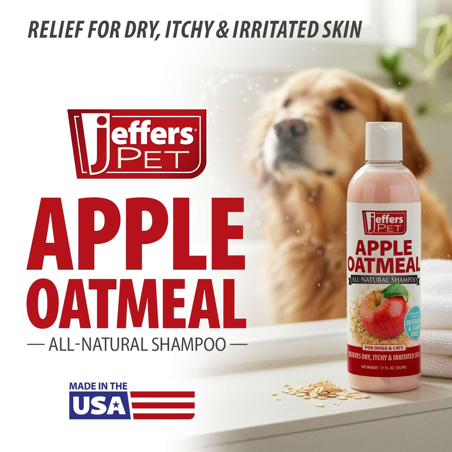 Shampoing Hypoallergénique Entièrement Naturel à l'Avoine et à la Pomme Jeffers Pet pour Chiens et Chats à Peau Sèche