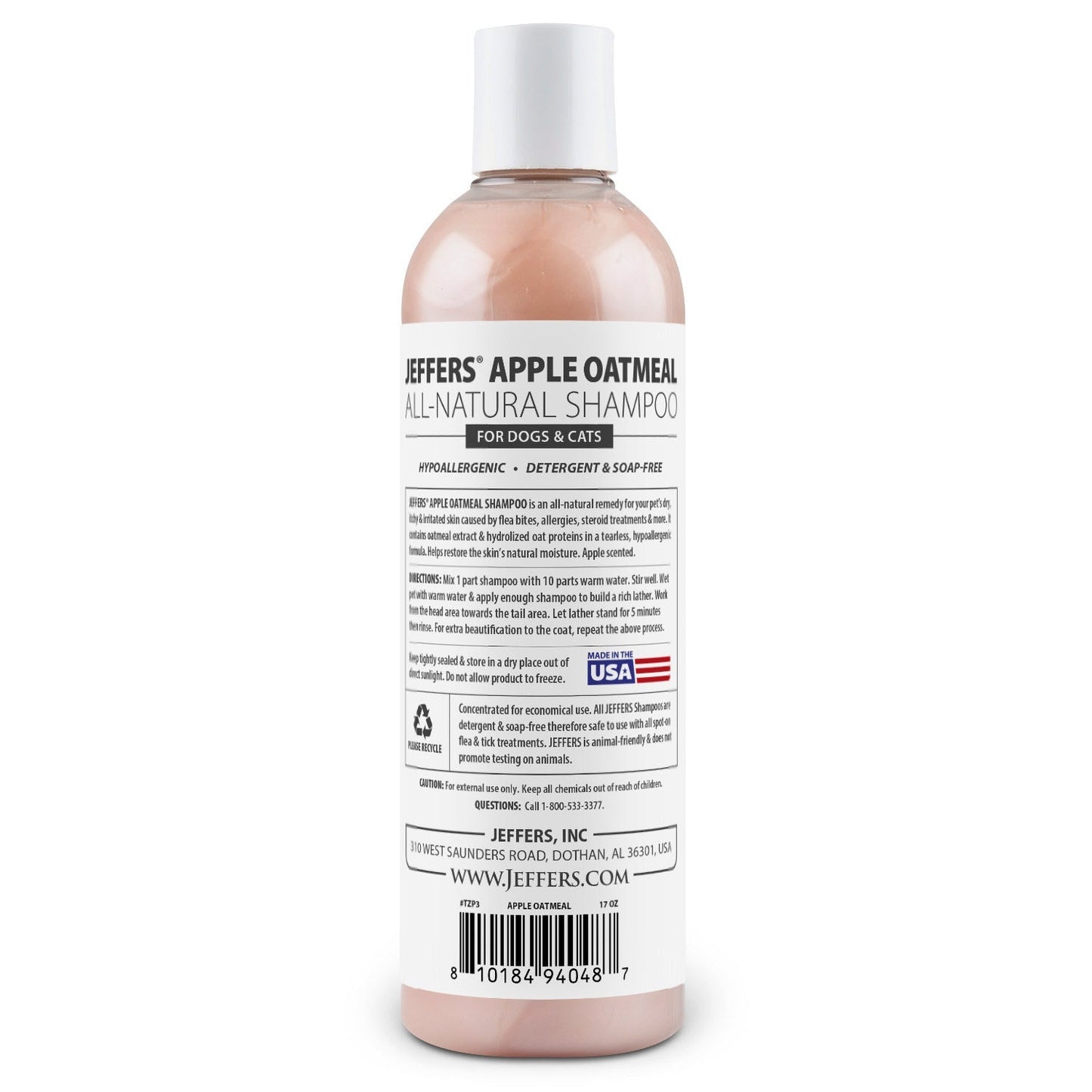 Shampoing Hypoallergénique Entièrement Naturel à l'Avoine et à la Pomme Jeffers Pet pour Chiens et Chats à Peau Sèche