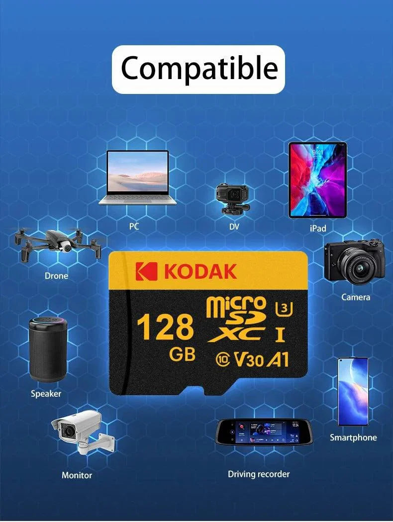 KODAK Micro SD Memory Card 64gb TF Flash 32gb Class10 SD Cards 128gb 256gb 512gb U3 V30 A1 Storage Card for Car Camera PC Phone