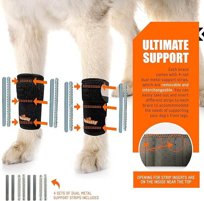 Attelle de patte avant 3-en-1 NeoAlly pour chien : inserts rigides et à ressort, sangles réfléchissantes de sécurité (paire)