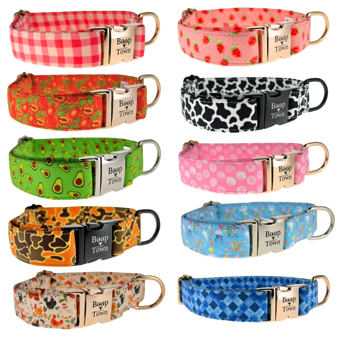 Collier pour chien Boop Town en coton doux – Anti-nœuds et noyau en nylon durable – Boucle à dégagement rapide en métal – Ajustable pour chiens de petite, moyenne et grande taille (XL) – Accents dorés