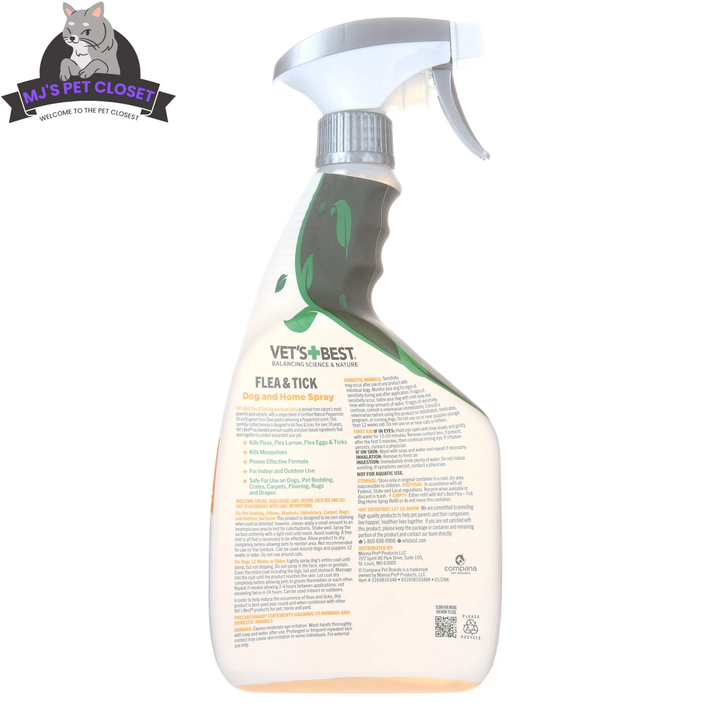 Vet's Best Spray Antipulgas y Garrapatas para Perros - Aroma Refrescante a Menta - 32oz de Potente Protección